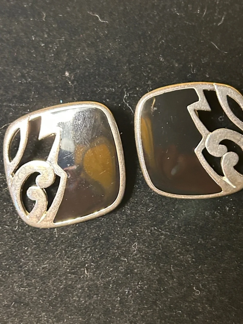 Vintage Black Enamel and Silver-tone Designed Studs Earrings - Picture 2 of 2